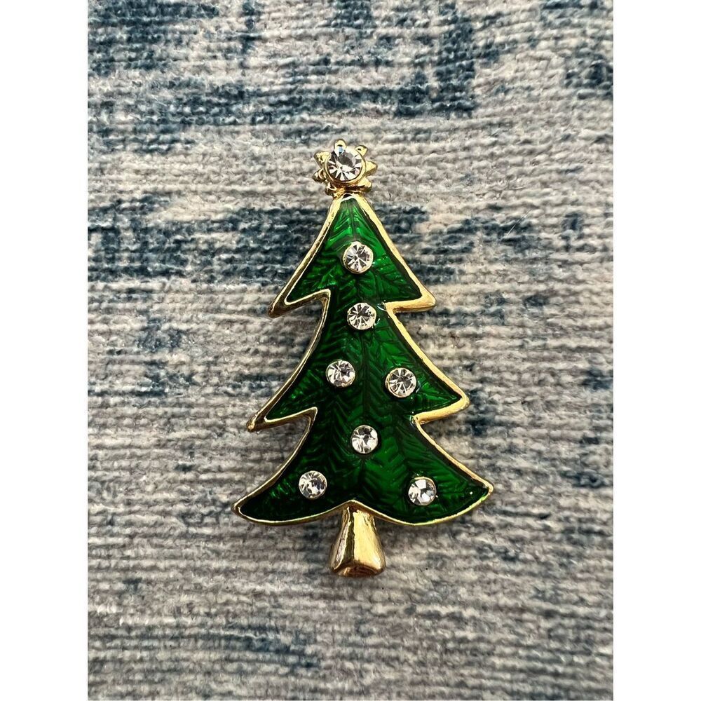 Gold Tone Rhinestone Christmas Tree Brooch